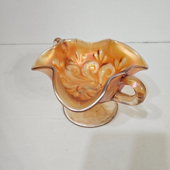 Vintage Dugan Carnival Glass Question Mark Pattern Bon Bon Dish Double Handle - Picture 3 of 8